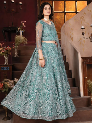 Fabulous Sky - Blue Zarkan Work Net Cocktail Lehenga Choli With Dupatta - Ethnic Plus In